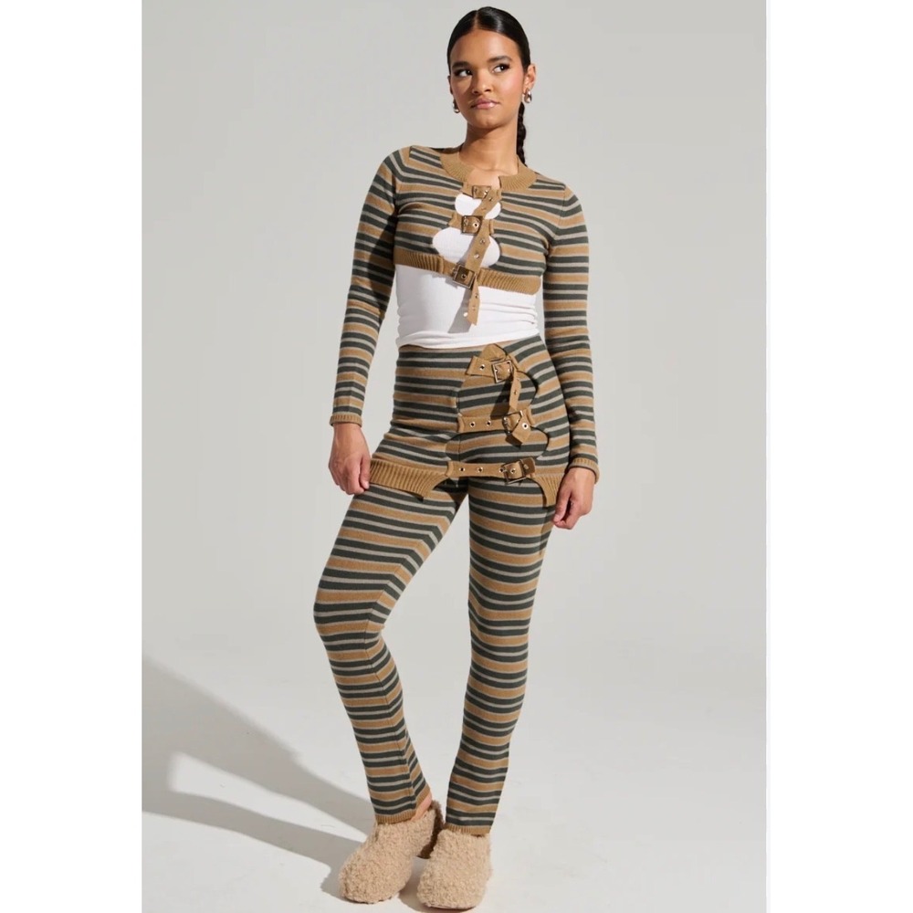 NWT AKIRA Say Less Sweater Set Striped Buckle L/XL Cut Out Avant Garde Street